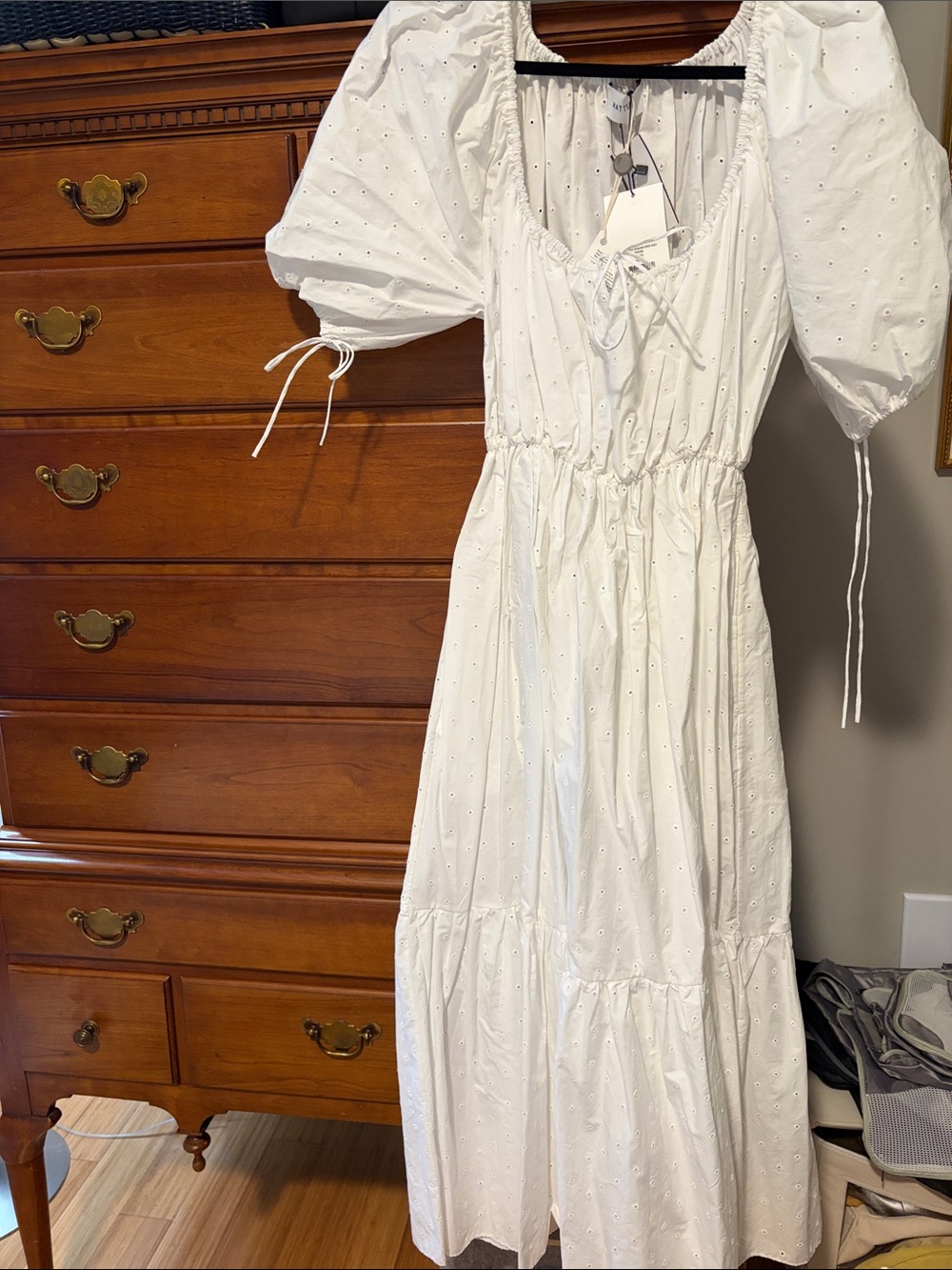 Matteau Women’s White Eyelet Puff Sleeve Midi Dress